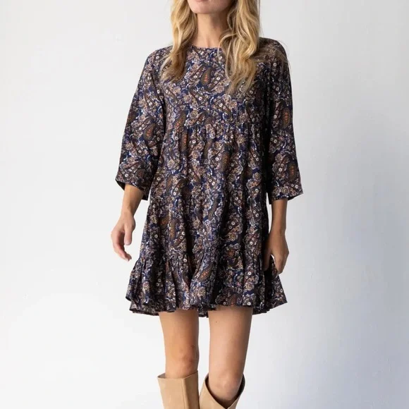 NATURAL LIFE Heidi Mini Dress Tiered Paisley Pockets Cottage Core Fall XL NWOT - Picture 1 of 13